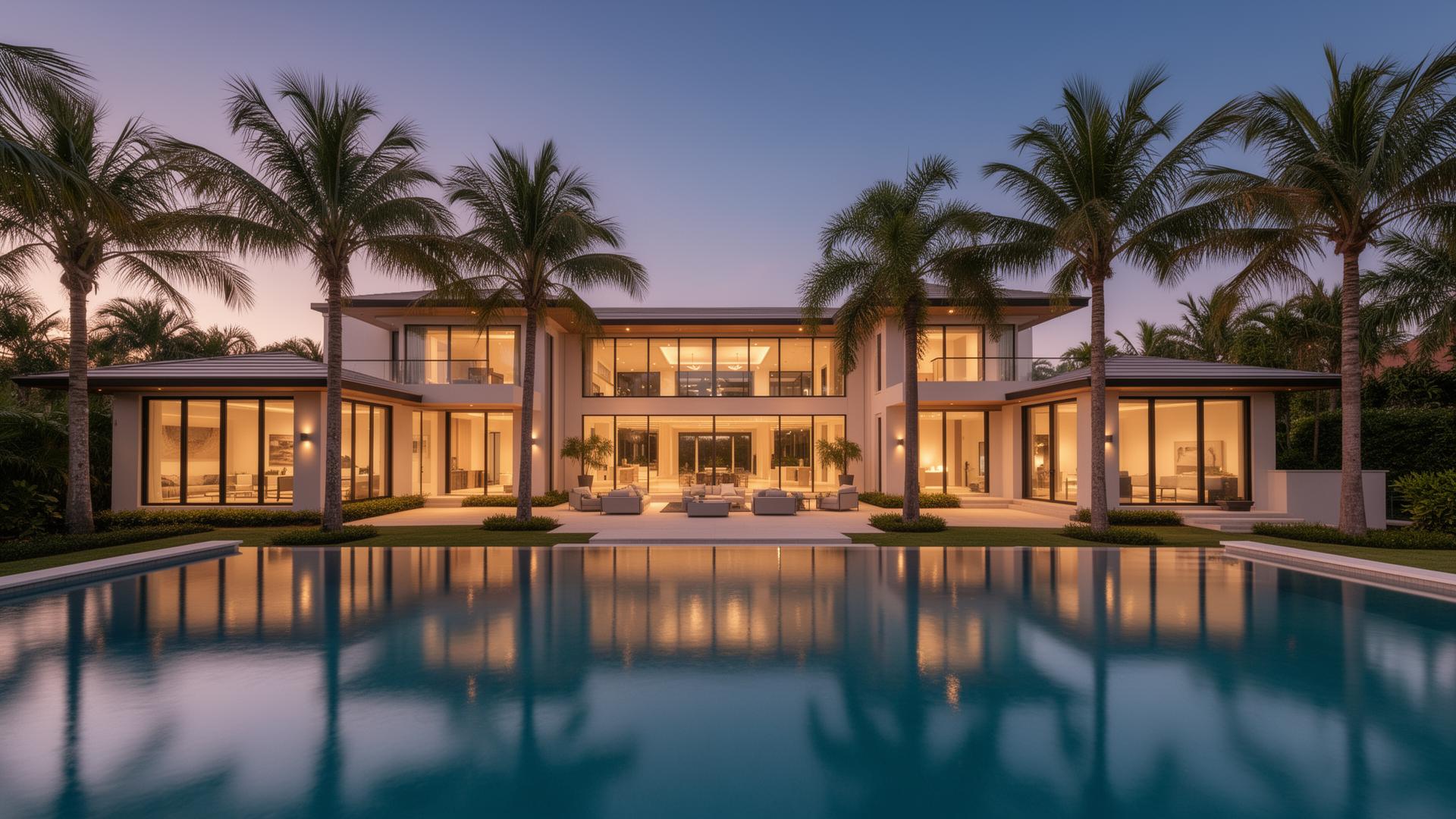 Casa moderna de lujo en Florida con piscina al atardecer